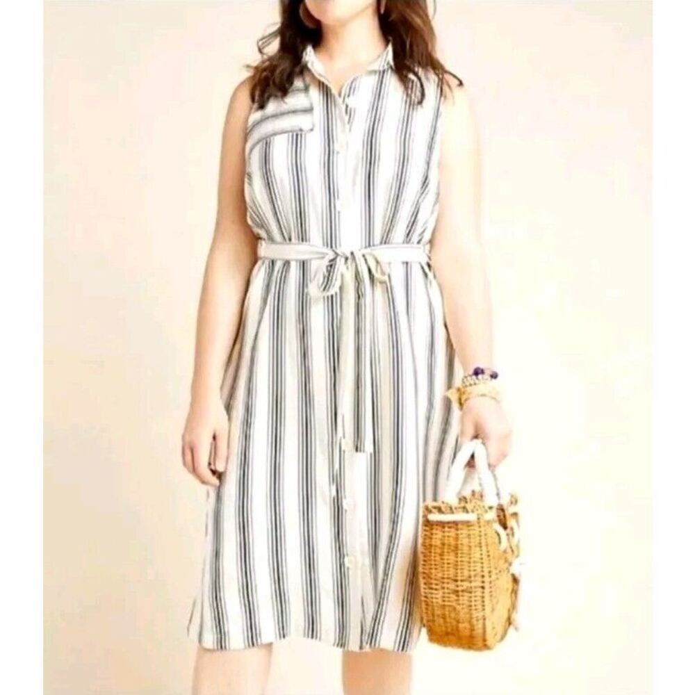 Anthropologie Maeve Esther Striped Shirtdress Belted Cream & Black Size 24W